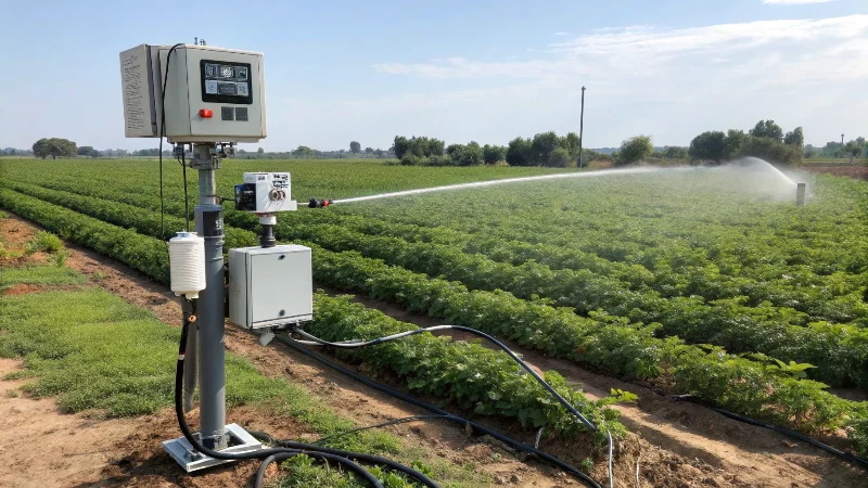 Modern automated irrigation system with sensors and control panel in agricultural field